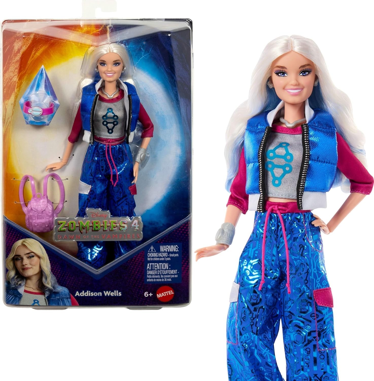 Mattel Disney Zombies 4 : L'aube des vampires Addison Wells - Poupée mannequin avec tenue détachable et 6 accessoires inspirés du film, JFG32