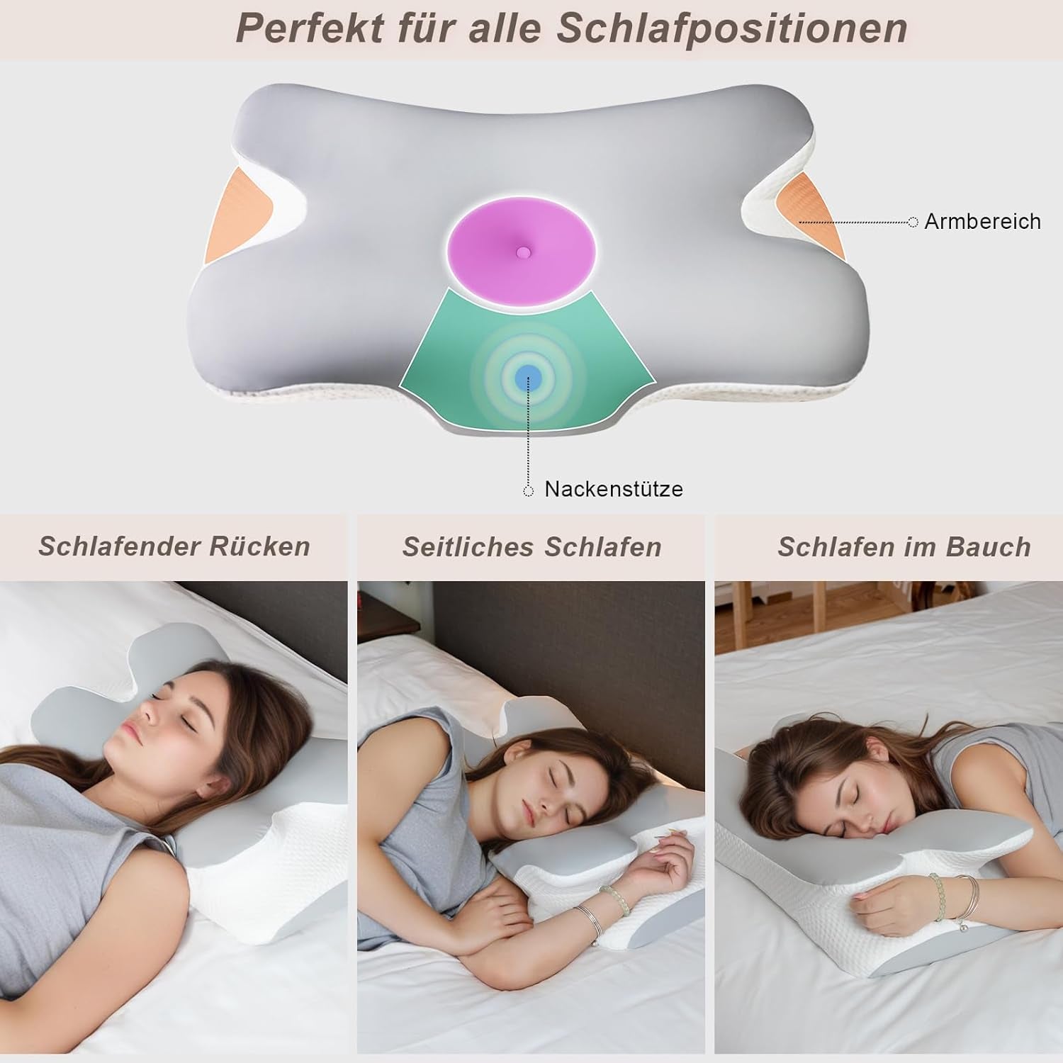 Oreiller cervical Oreiller orthopédique pour la tête Oreiller en mousse à mémoire de forme Oreiller à impact latéral - Conception ergonomique Forme creuse pour les impacts latéraux, dorsals et abdominaux Oreillers orthopédiques cervicaux gris clair Naty Shop