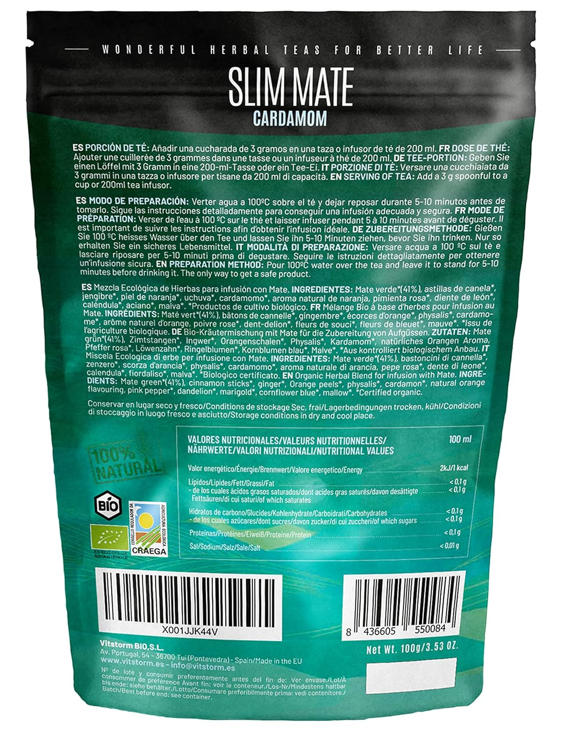 VITSTORM® Slim Tea Cardamome – Thé BIO Yerba Mate – Thé détox et diurétique – 100G