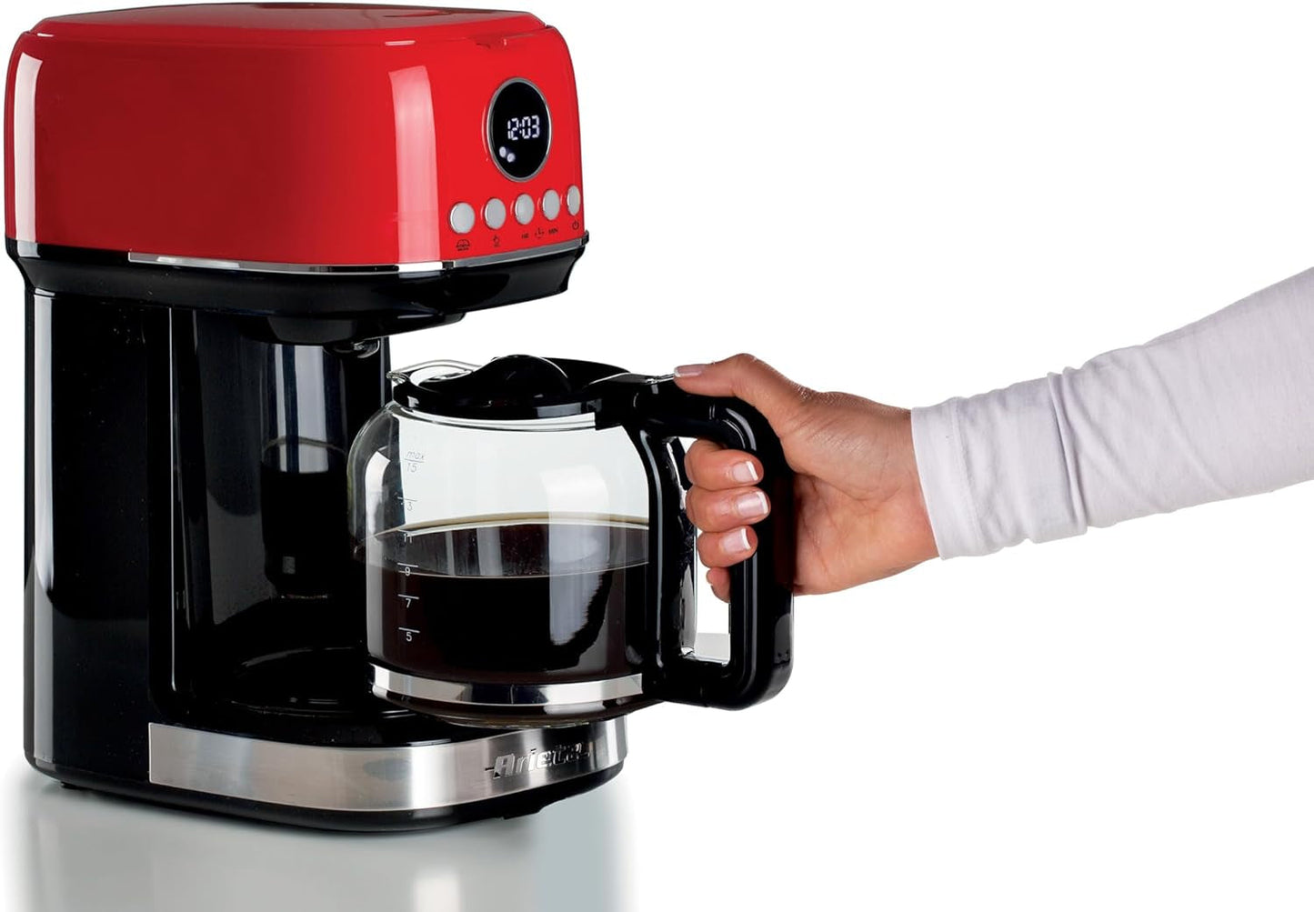 Ariete Moderna 1396 Machine à expresso à filtre pour préparer du café américain jusqu'à 15 tasses Carafe en verre Plaque chauffante Écran LCD Filtres amovibles et lavables Blanc