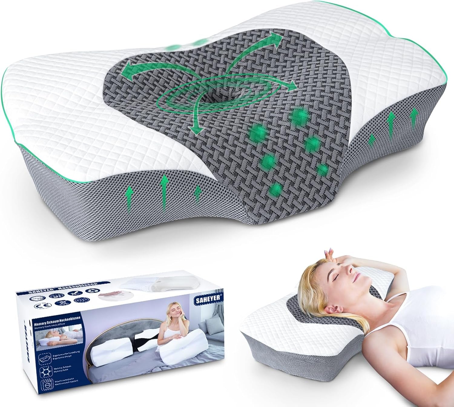 SAHEYER oreiller orthopédique oreiller de soutien du cou oreiller de tête oreiller ergonomique oreiller cervical oreiller de couchage latéral 60 X 40 X 13/11 cm oreiller en mousse à mémoire de forme pour dormeur latéral dos et ventre Oreillers orthopédiques cervicaux Naty Shop Gris