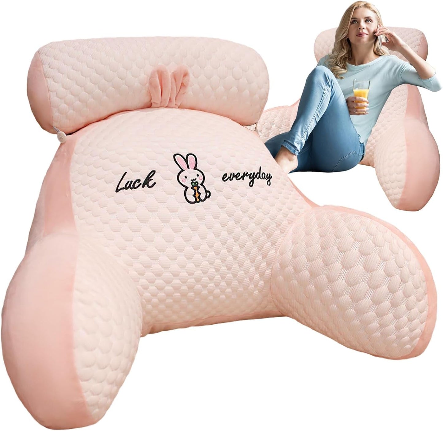 Oreiller de lecture, oreiller de lit, oreiller de dos extra large pour adulte 70 x 50 cm pour lire avec rouleau de cou amovible et bras de support, oreiller de lecture confortable pour lit et canapé (rose, extra large)