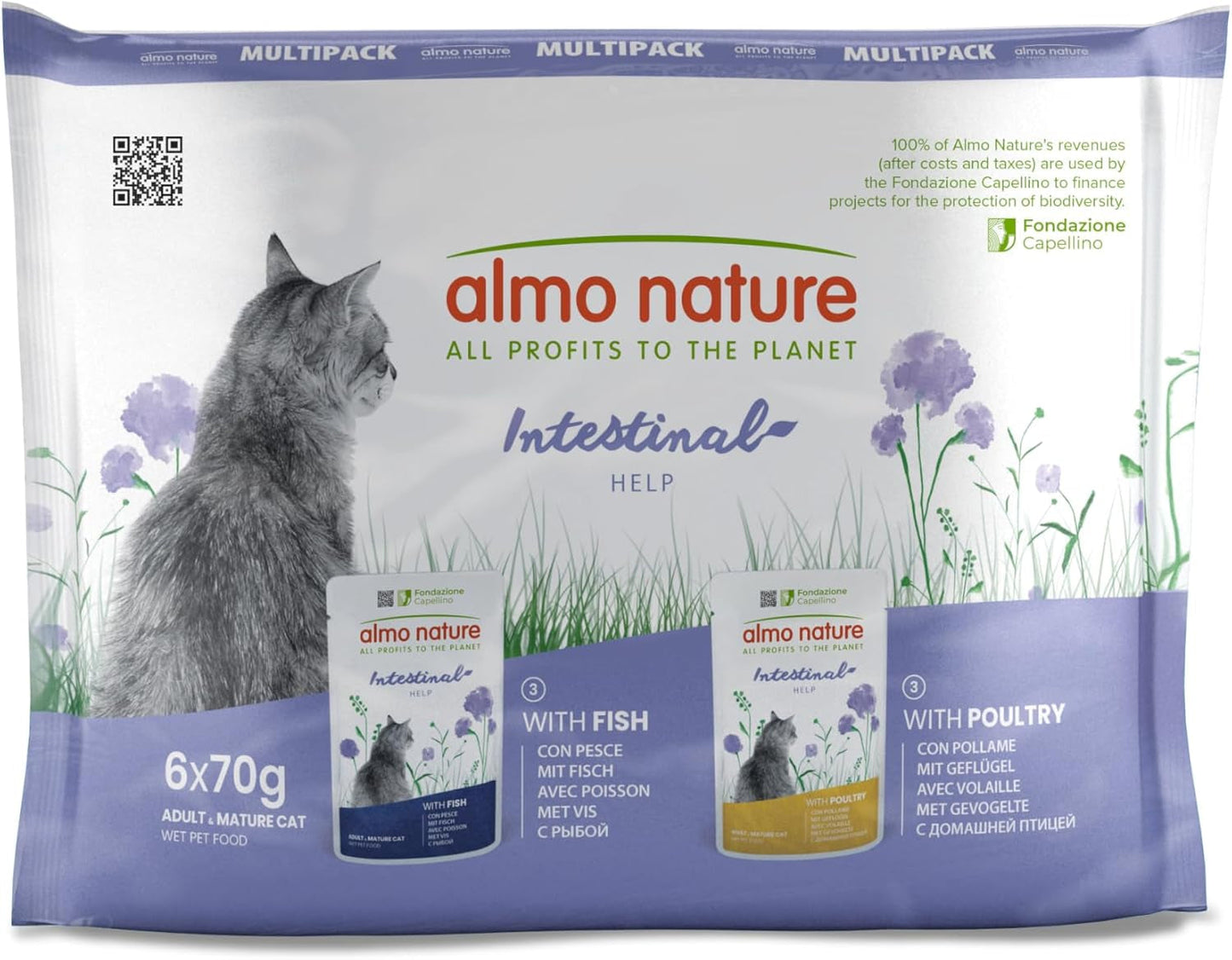 Almo Nature Functional - Intestinal Help - Nourriture humide pour chats adultes aux intestins sensibles - au poisson et à la volaille - soutient le microbiome - 70g (paquet de 6)
