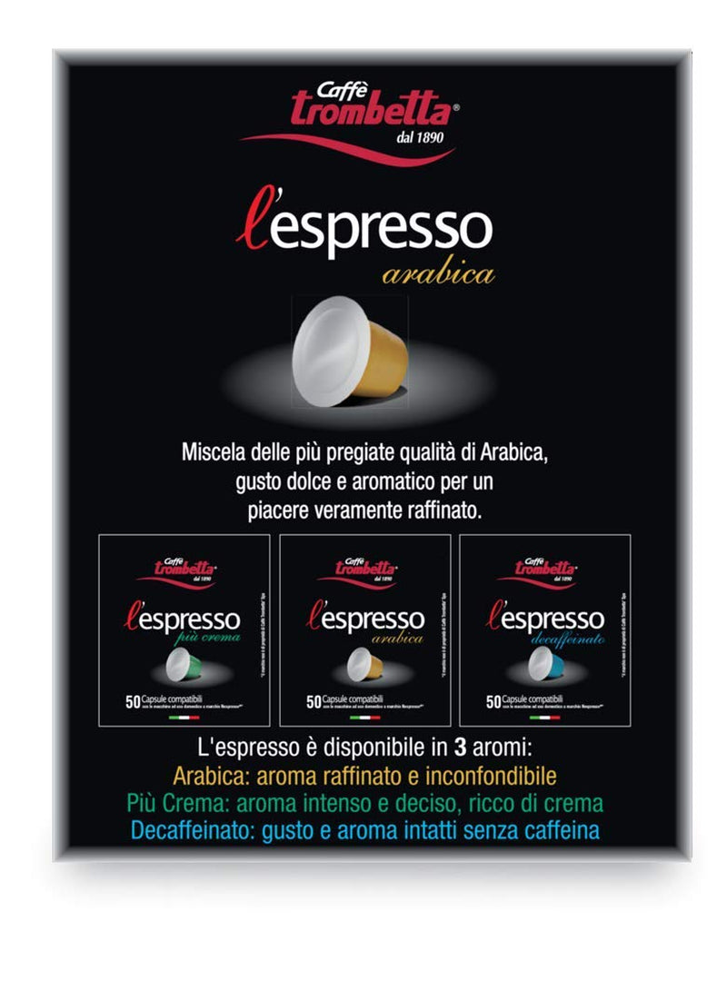 Caffè TROMBETTA L'Espresso, Italien Kaffee Nespresso compatible Kapseln. Aus 100% Arabica mit einem volumendigen und körperreichen - 50 Kapseln, 50 Stück (1er Pack)