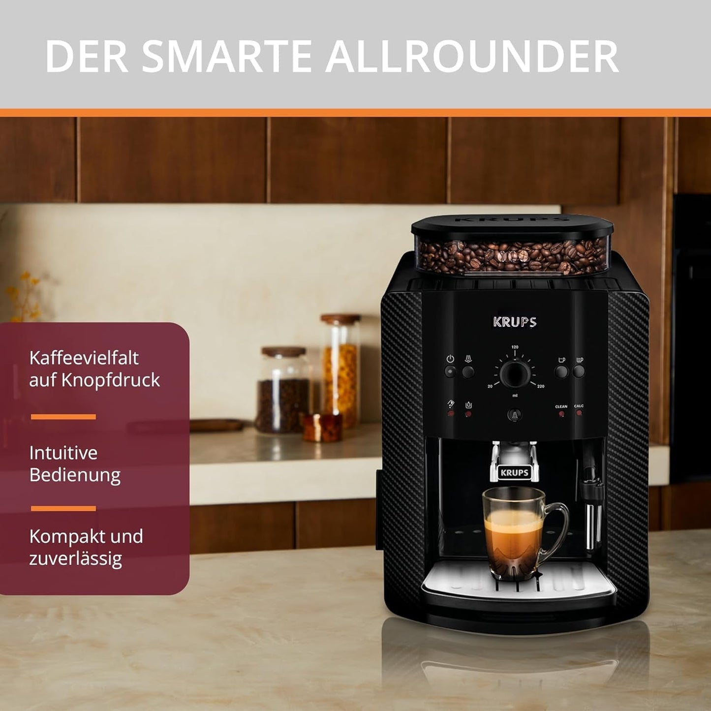 Machine à expresso automatique KRUPS Arabica Picto, design compact, facile à utiliser, commande rotative intuitive réglable, mousseur à lait, fonction 2 tasses, machine à expresso, noir, EA810870