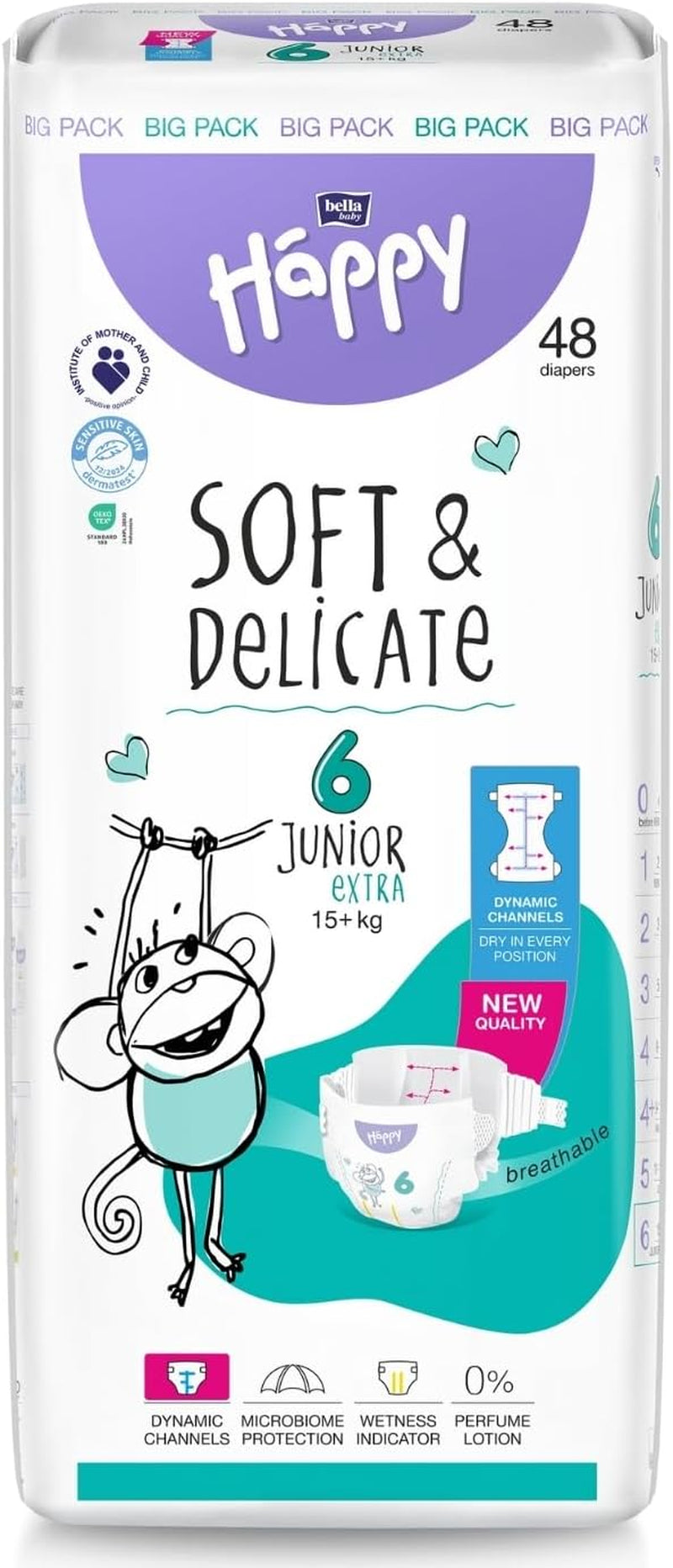 Couches Bella Baby Happy Premium, taille 6, Junior Extra, 15+ kg, 96 pièces, label DERMATEST et OEKO-TEX, couches jetables pour bébé