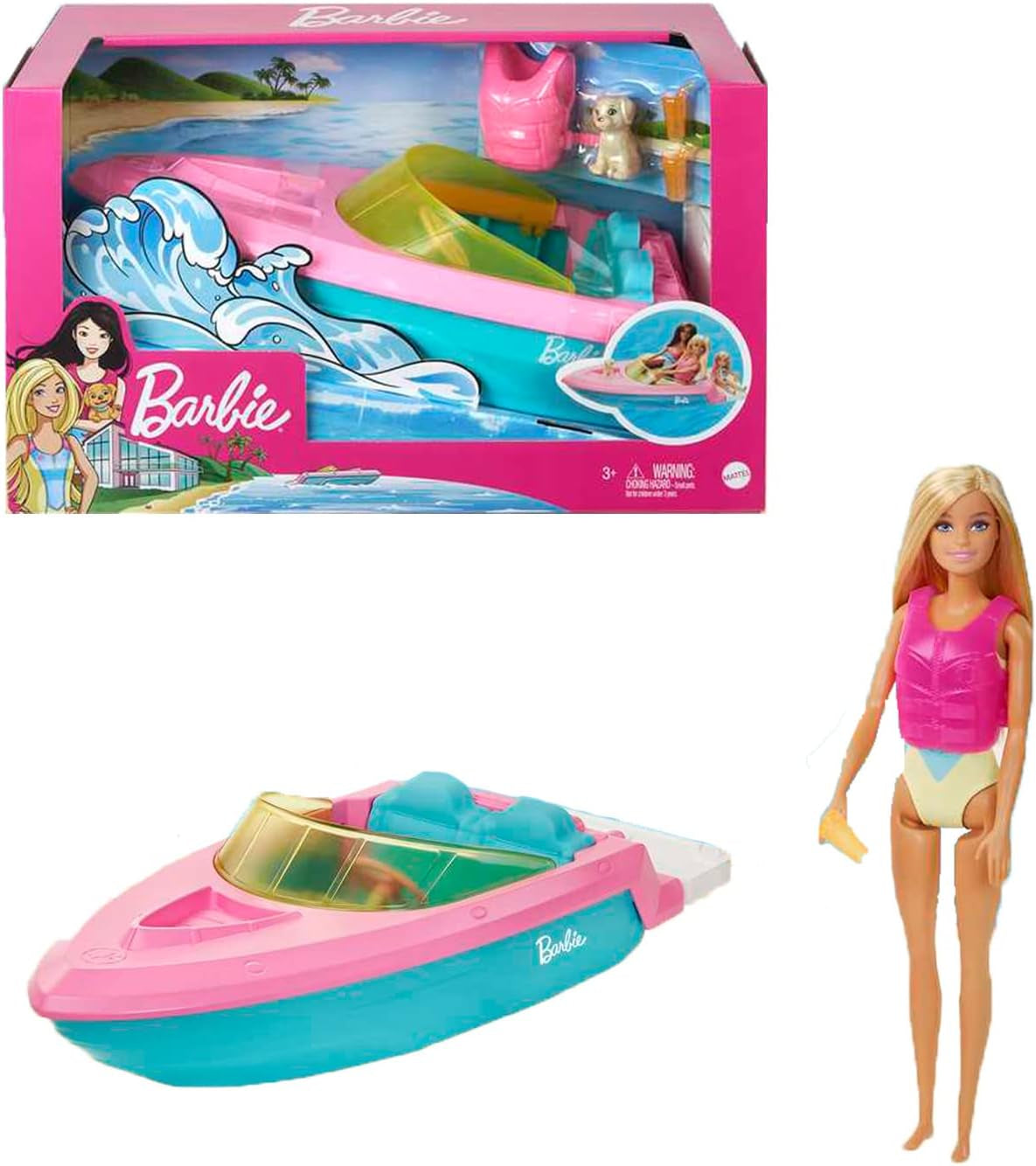 Ensemble de hors-bord Barbie, poupée Barbie aux cheveux blonds, gilet de sauvetage rose, bateau, chiot, accessoires, cadeaux pour 3 ans et plus, Grg30 Naty Shop Dolls Ensemble de hors-bord Barbie