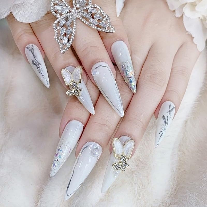 Mouyouglow longs ongles Stiletto laiteux blanc dégradé rose paillettes Cool faux ongles avec colle rose Ombre paillettes ongles artificiels