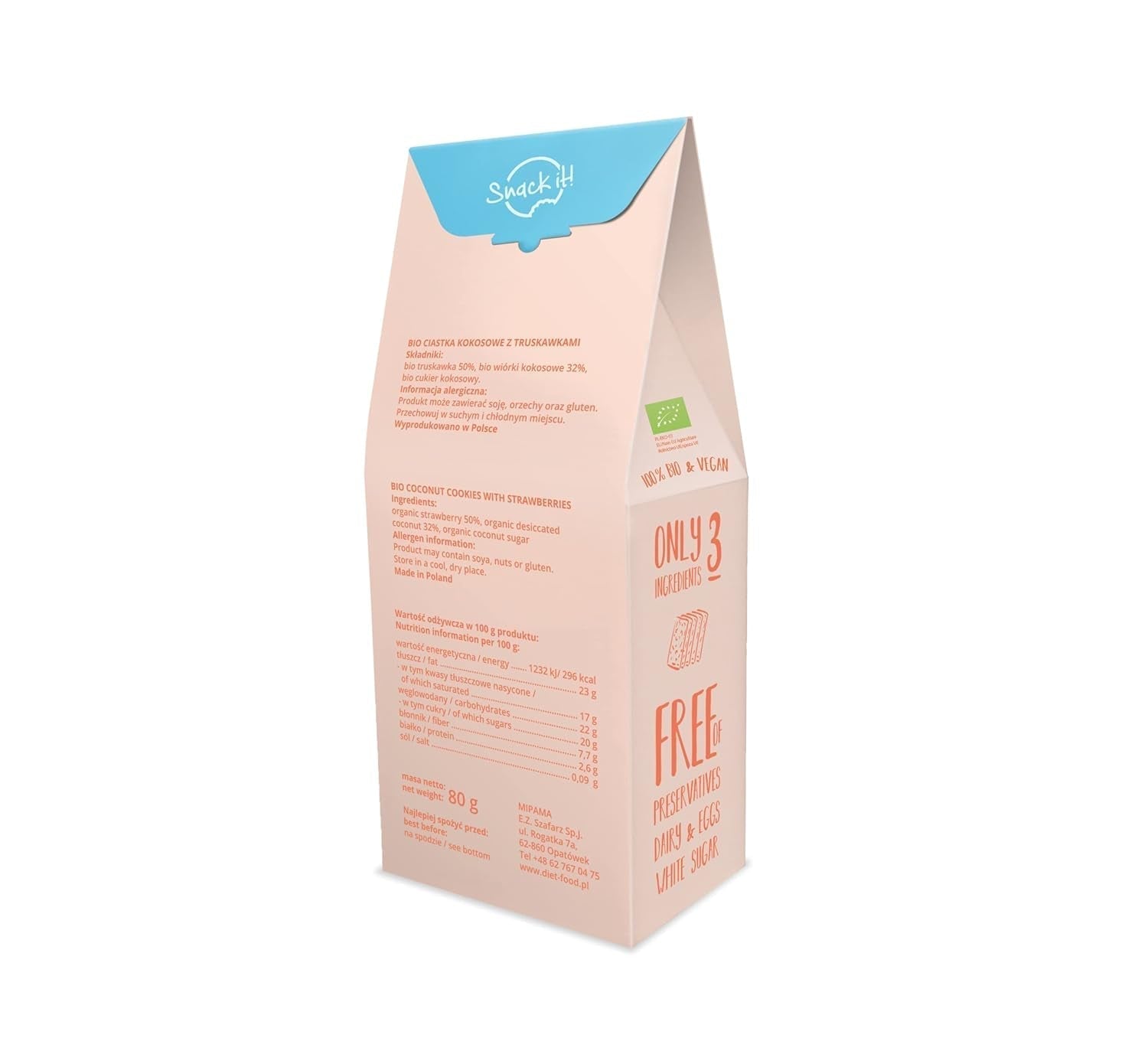 DIET-FOOD Biscuits Bio aux Chips de Noix de Coco et Fraises Snack santé Délicieux biscuits pour le bureau, sans conservateurs 80 g (1 paquet)
