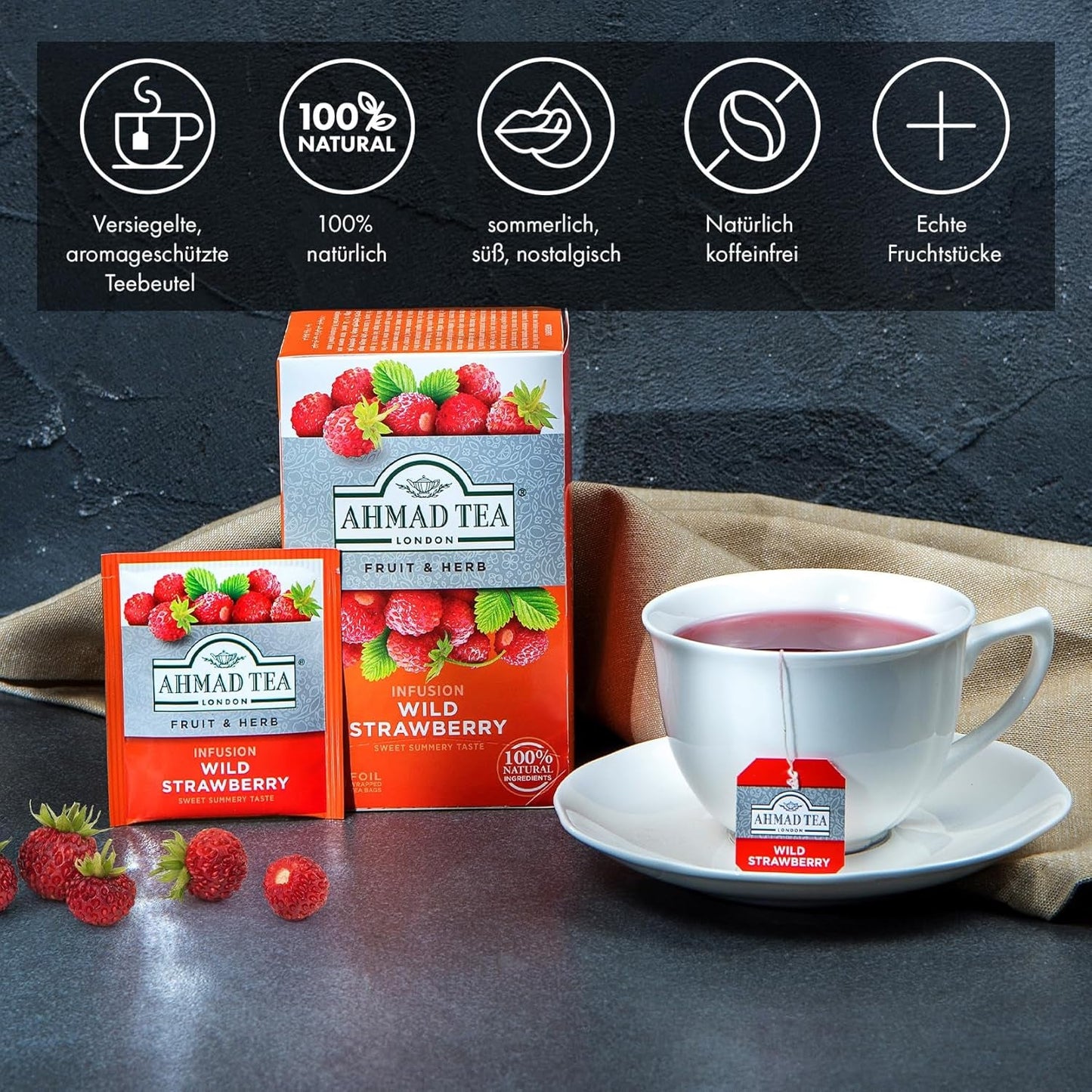 Ahmad Tea - Fraise des bois - Tisane décaféinée aux fruits et aux herbes - Fraise - Sachets de thé emballés individuellement avec 2 g de thé par portion - 20 sachets de thé en bandes