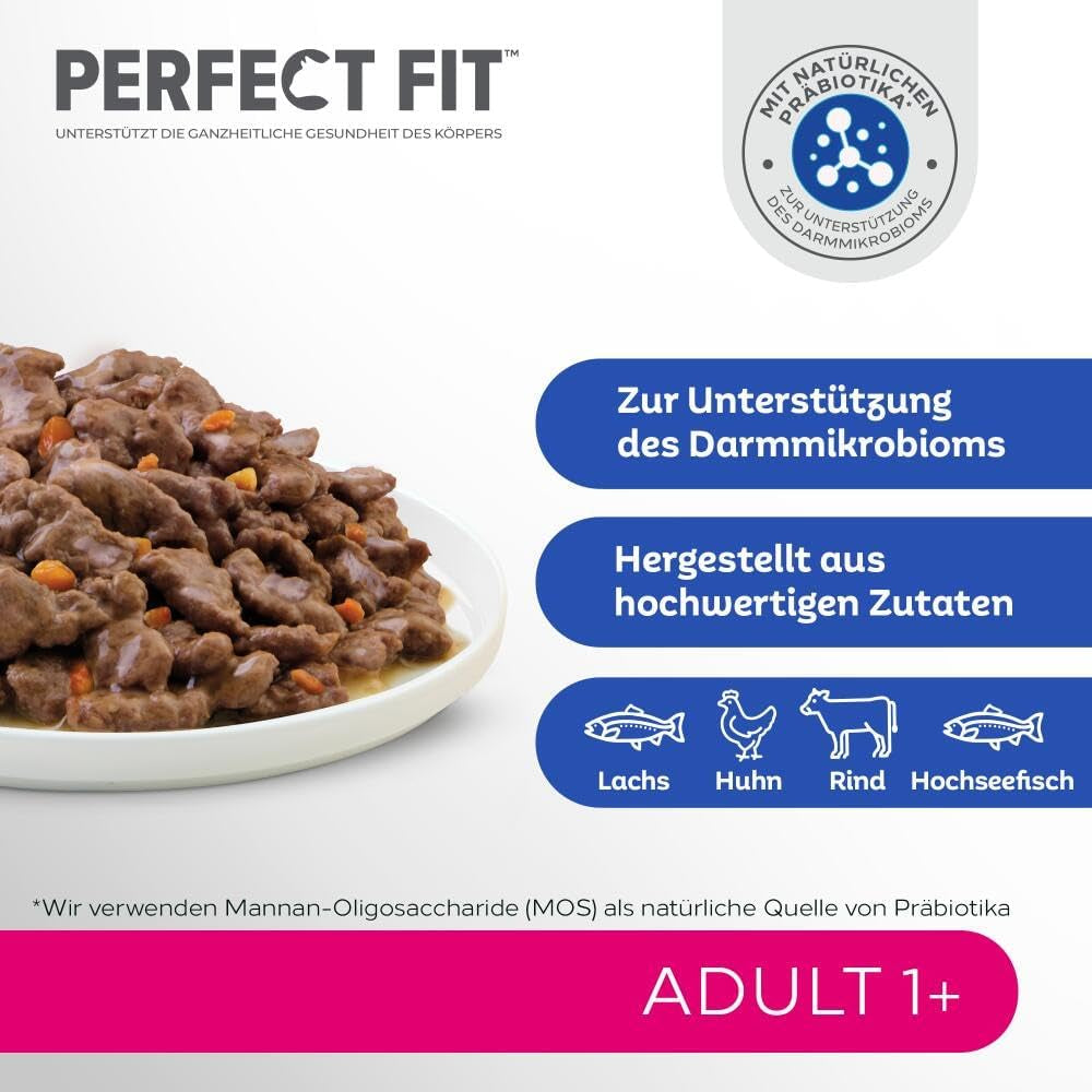 Sélection de nourriture humide Perfect Fit Adult 1+ au saumon, poissons d'eau profonde, bœuf et poulet, 48 sachets, 12x85g (paquet de 4) - Nourriture humide premium pour chat adulte à partir de 1 an