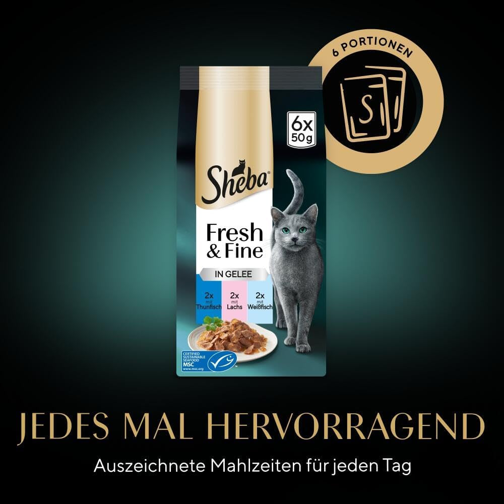 Sheba Portion Pouches Nourriture humide pour chats, Multipack Fresh & Fine en gelée avec thon et saumon MSC, 6x6x50g - Repas sains pour chats avec gelée