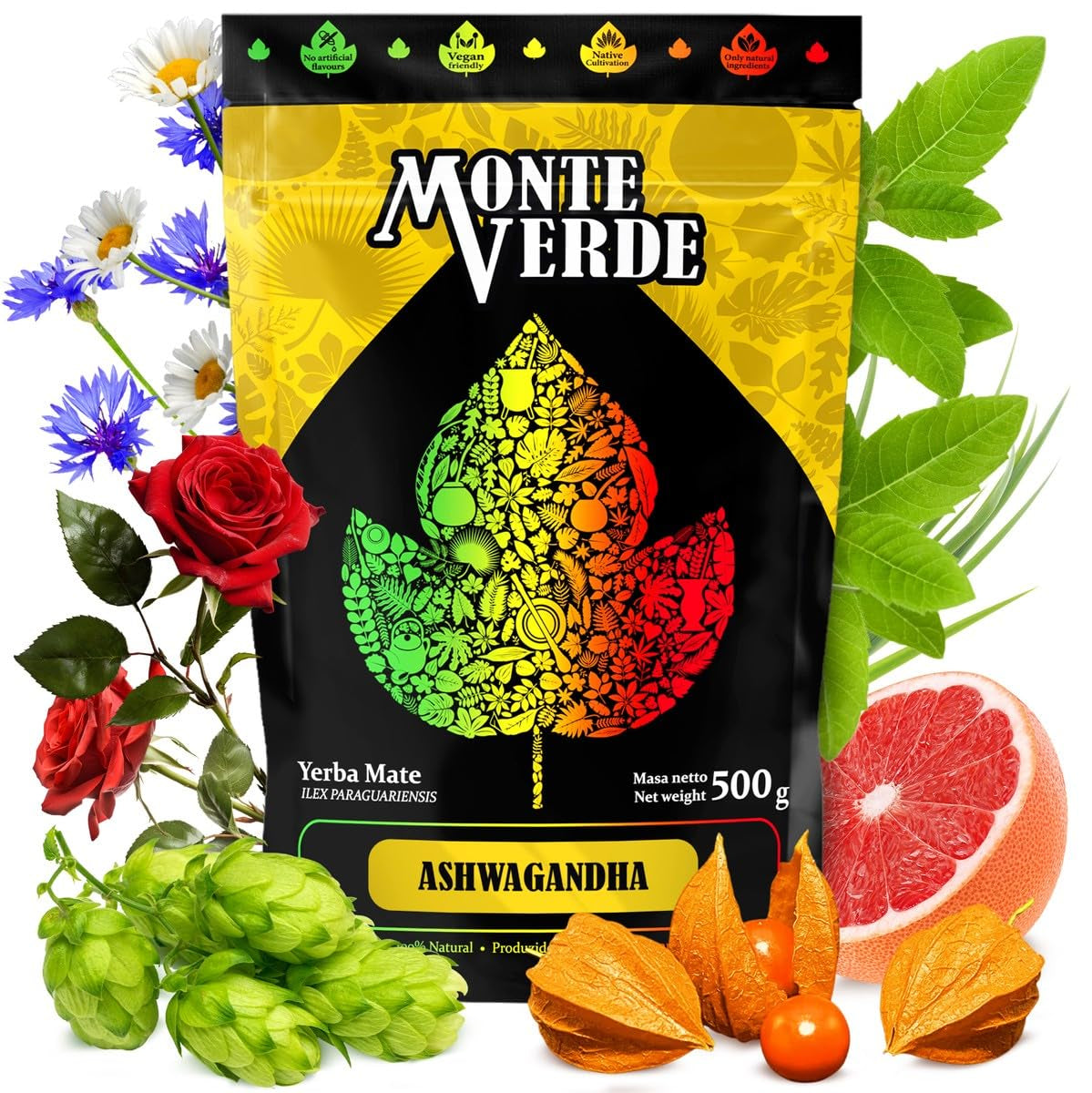 Thé Yerba Mate avec Ashwagandha 500G - Thé Mate brésilien avec Ashwagandha et herbes médicinales - Sans additifs artificiels, arôme naturel | Thé vert maté en vrac 0,5 kg aux plantes médicinales
