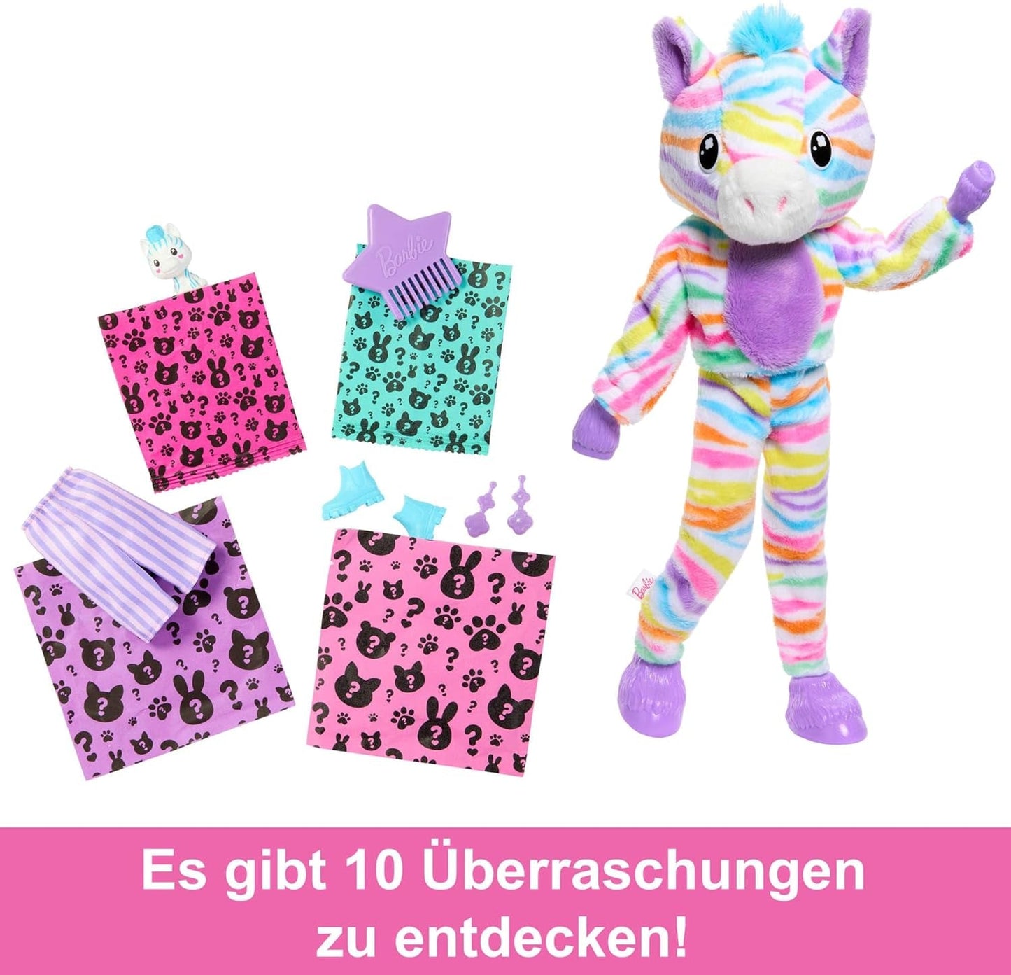 Barbie Cutie Reveal poupée et accessoires, tenue en peluche zèbre arc-en-ciel et 10 surprises changeantes de couleur, gamme Color Dream, HRK39