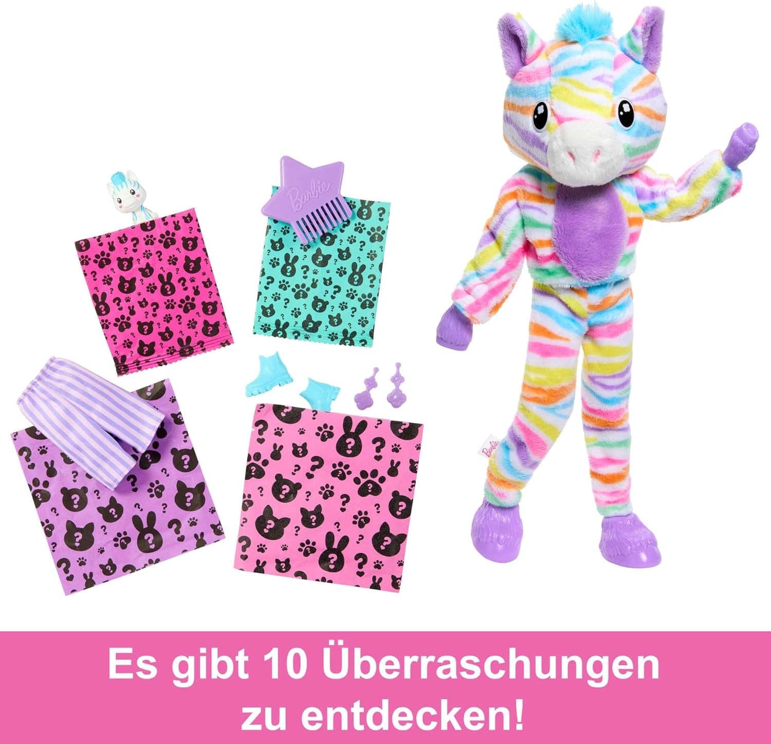 Barbie Cutie Reveal poupée et accessoires, tenue en peluche zèbre arc-en-ciel et 10 surprises changeantes de couleur, gamme Color Dream, HRK39