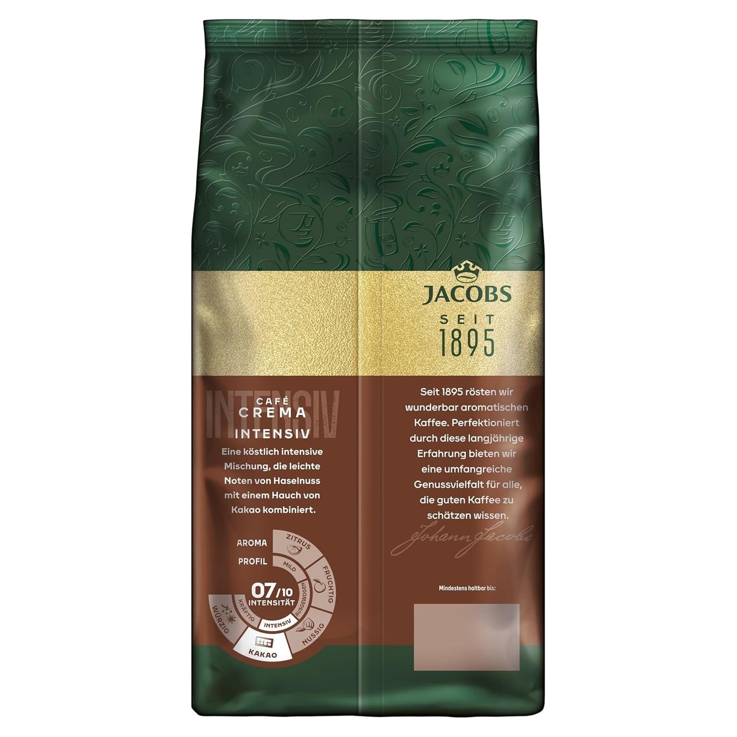 Jacobs Kaffeebohnen Café Crema Intense, intensif avec Kakao- & Nussnote, geröstet à Brême, Intensität 7/10, Kaffee ganze Bohnen, 1 kg