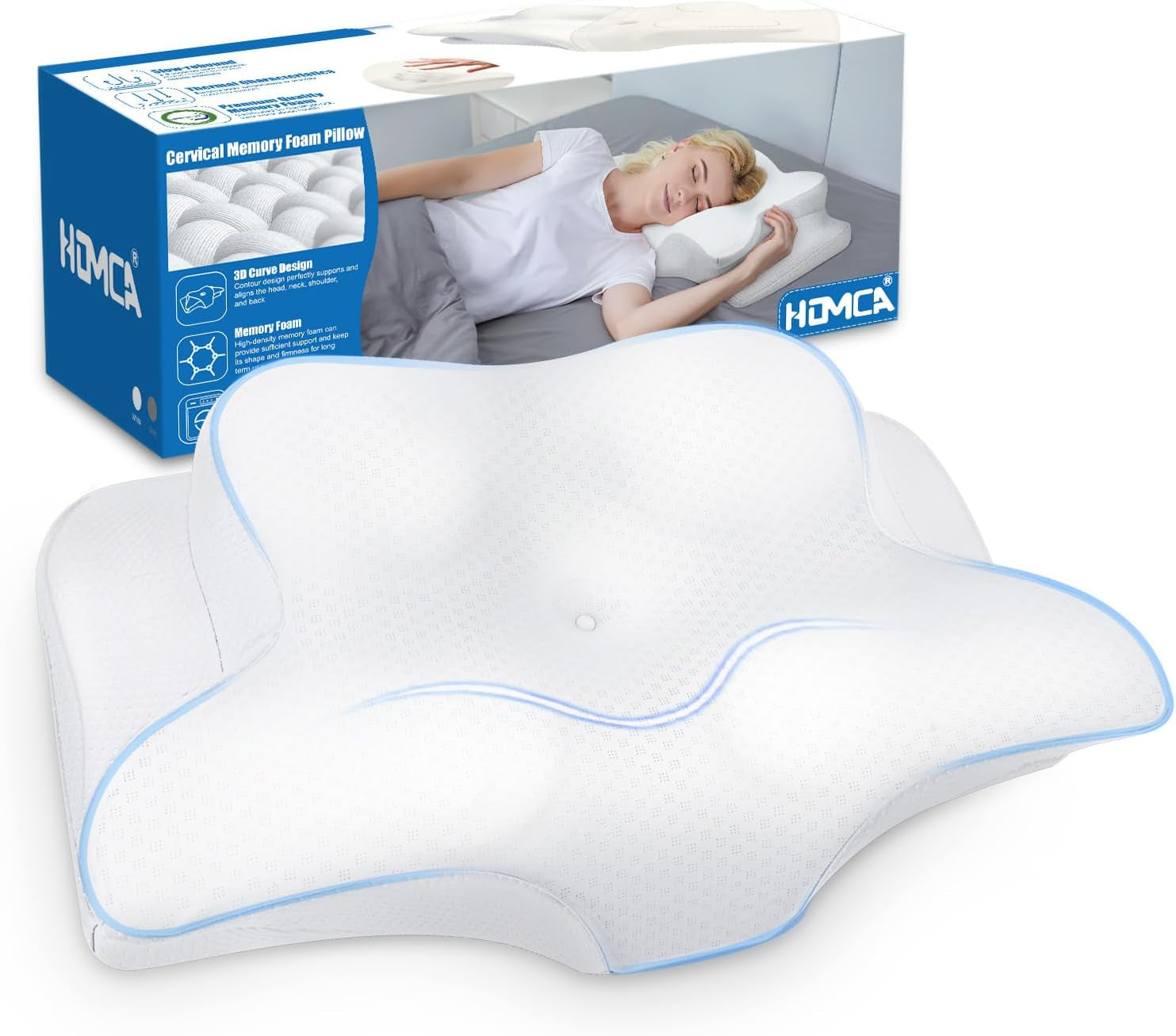 HOMCA Oreiller cervical, oreiller ergonomique en mousse à mémoire de forme, housse de coussin rafraîchissante 3D pour position couchée, latérale ou couchée, 62 x 41 x 9,5/12,5 cm Oreillers orthopédiques cervicaux Naty Shop Blanc