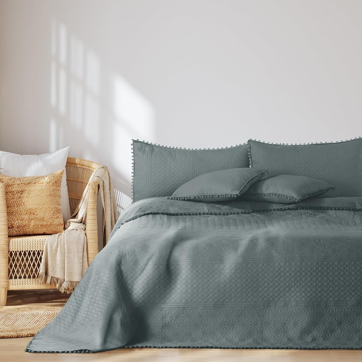 Ameliahome Couvre-lit avec pompons 220X240 Cm Couvre-lit double face Quilting par ultrasons Polyester Meadore Gris Lits et Couvertures Besuche den AmeliaHome-Store Meadore gris 220X240 Cm