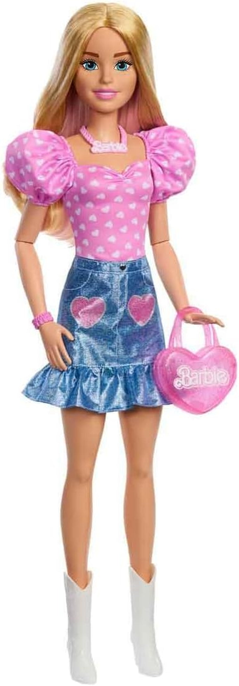 Poupée Barbie à la mode 71 cm blonde avec vêtements détachables haut rose jupe en jean bottes de cowboy collier et sac à main HYT84