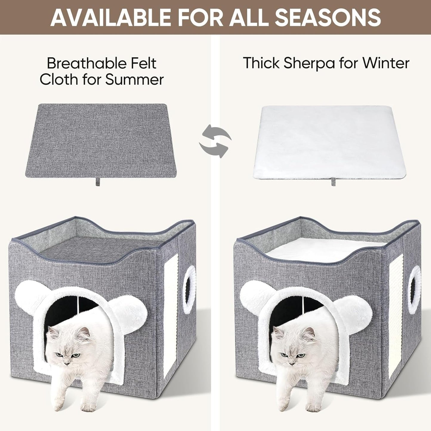 Katzenbetten für Indoor Katzen, Faltbares Katzenhaus, Katzenhöhle 2 Schicht Würfel Großer Raum Katzenbett mit Kratzbrett et Spielball, 15,8 x 15,8 x 15 pouces