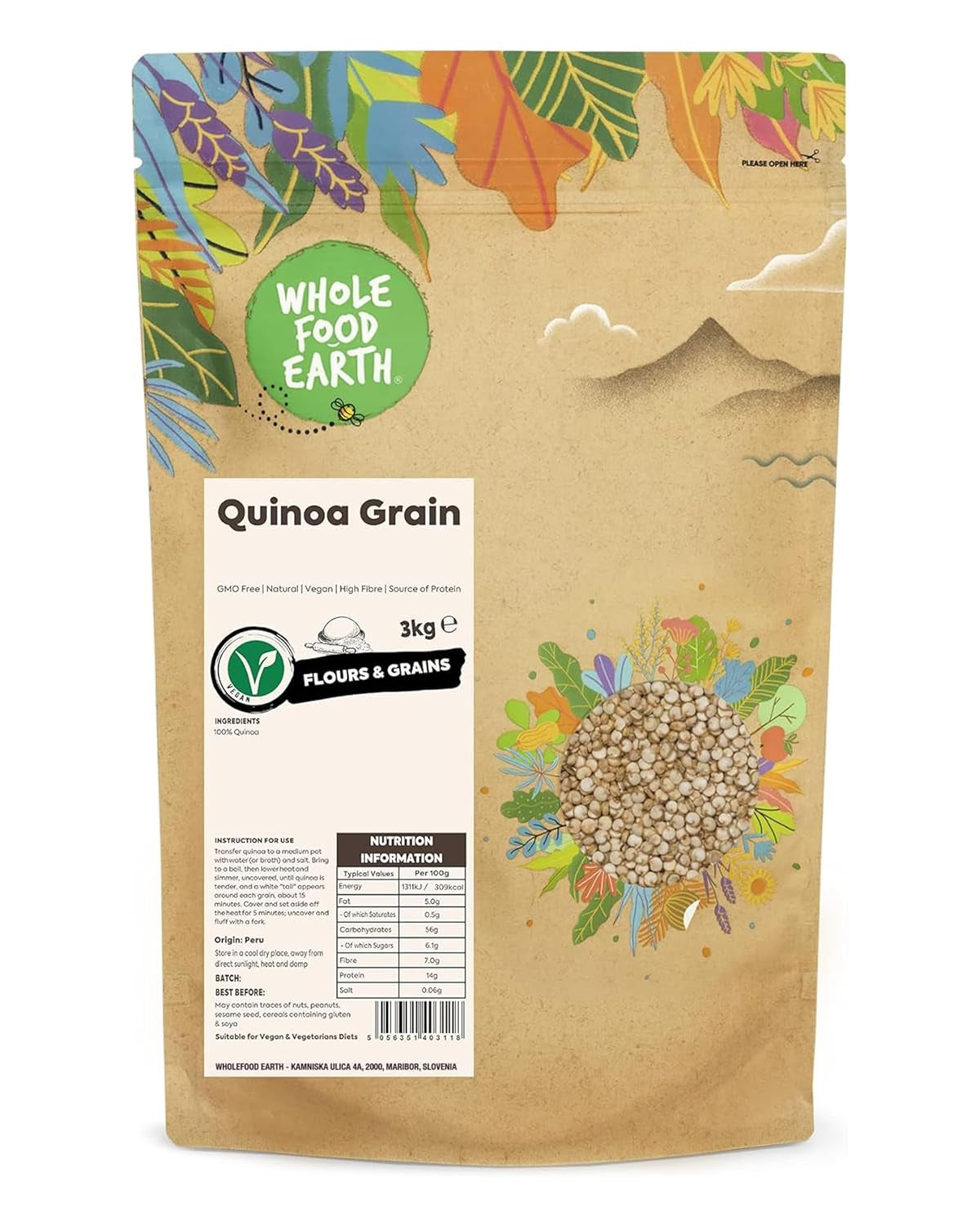 Grains de quinoa Wholefood Earth - sans OGM - naturels - végétaliens - sans produits laitiers - sans sucre ajouté - 3 kg