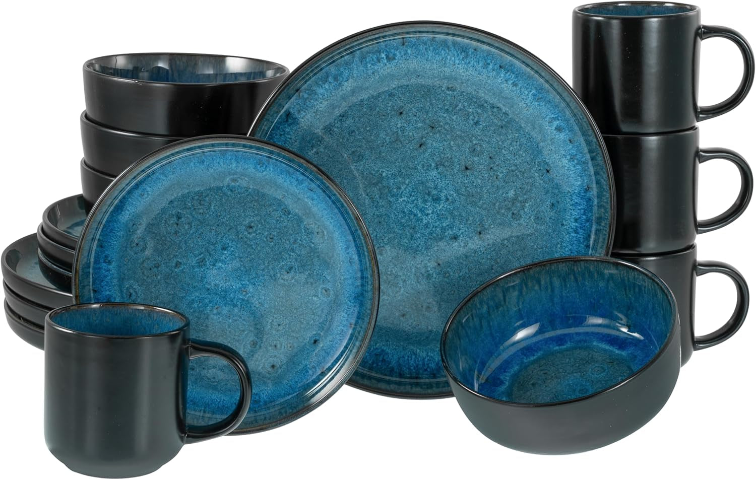 CreaTable, 20149, Nordic Fjord Blue Series, service de table 16 pièces pour 4 personnes, service combiné en porcelaine, passe au lave-vaisselle et au micro-ondes, fabrication de qualité