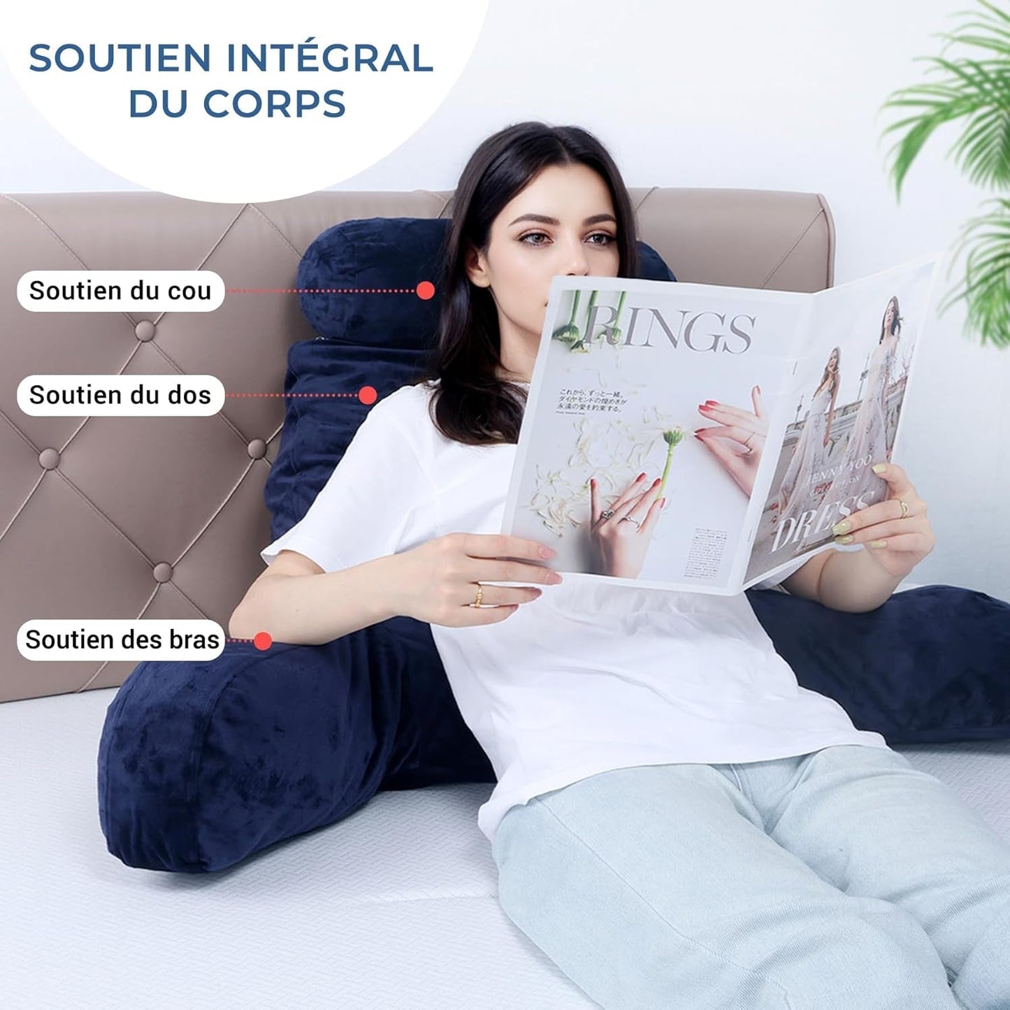 Oreiller de lecture INFANZIA avec accoudoirs, mousse à mémoire de forme, support ergonomique pour canapé et lit, bleu marine