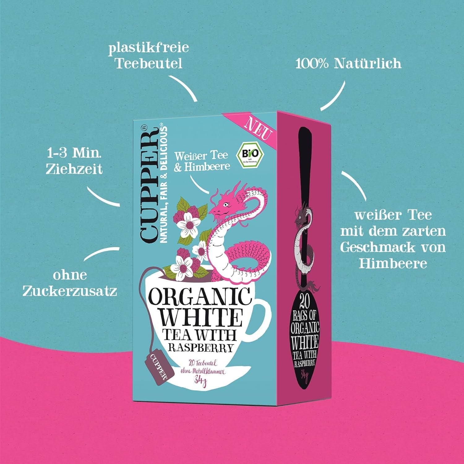 Cupper Thé blanc biologique, framboise, 20 sachets, 34 g (paquet de 4)
