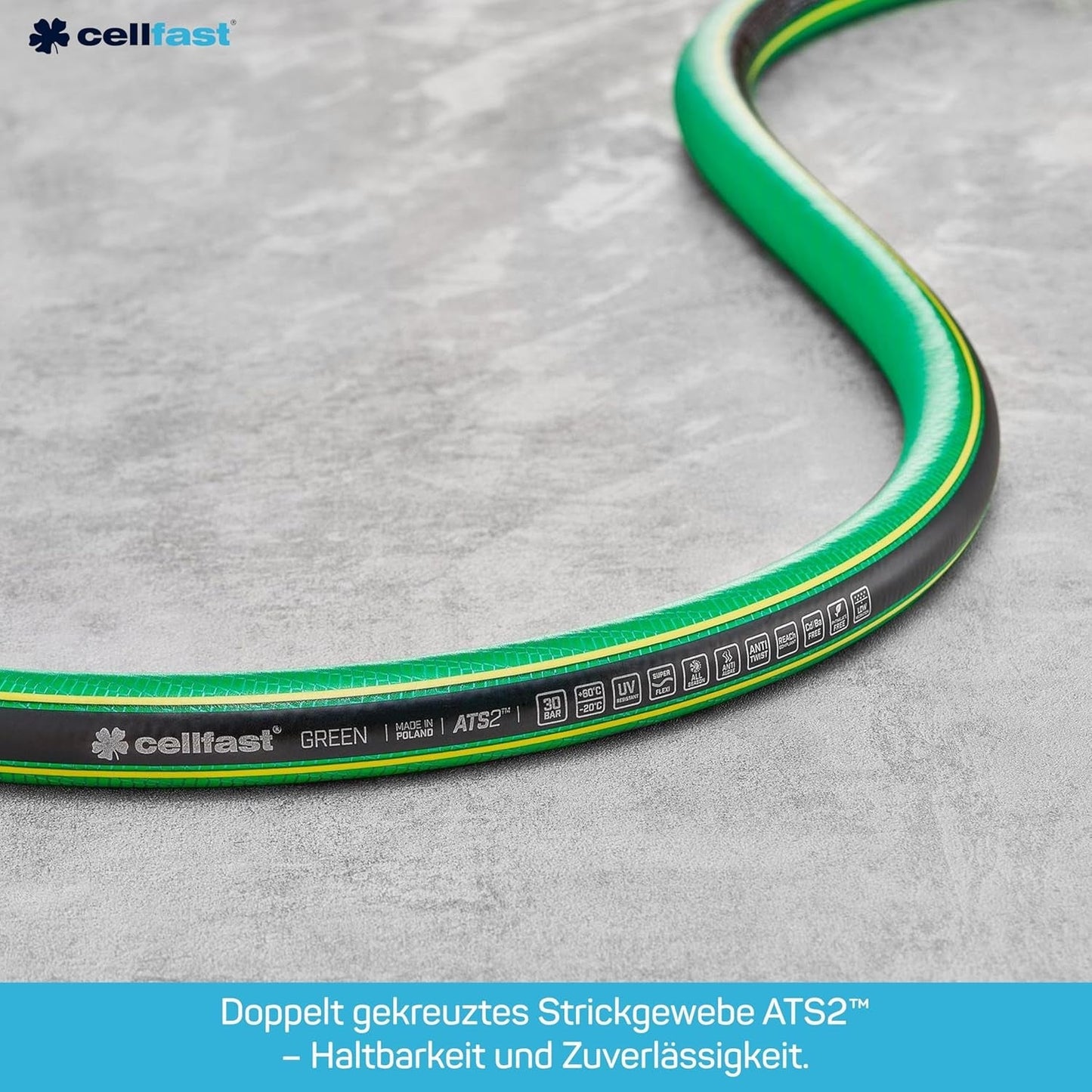 CELLFAST Tuyau d'arrosage 5 Couches Tuyau d'arrosage Double Tressé Tuyau d'irrigation transfrontalier résistant aux UV Anti-Algues Flexible 30 Bar 3,4" 50 mètres Vert