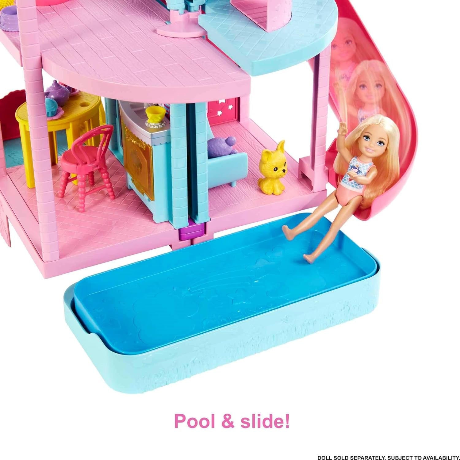 Barbie Chelsea Playhouse - 3 étages transformables, aires de jeux secrètes, ascenseur, piscine, toboggan, 2 animaux et plus de 20 accessoires, à partir de 3 ans, HHX44 Naty Shop Dollhouses
