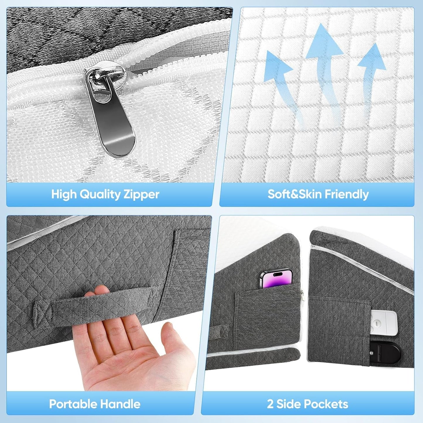 Oreiller en plumes pour lit et canapé, L50xL50xH26 Oreiller de lecture double avec housse lavable, mousse à mémoire de forme, pour ronfler et pour plus de confort au niveau du cou et du dos