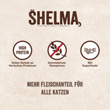Shelma Nourriture humide pour chat avec dinde dans une sauce tomate et herbes – Aliment complet sans céréales à haute teneur en viande – 28 x 85 g (2,38 kg)