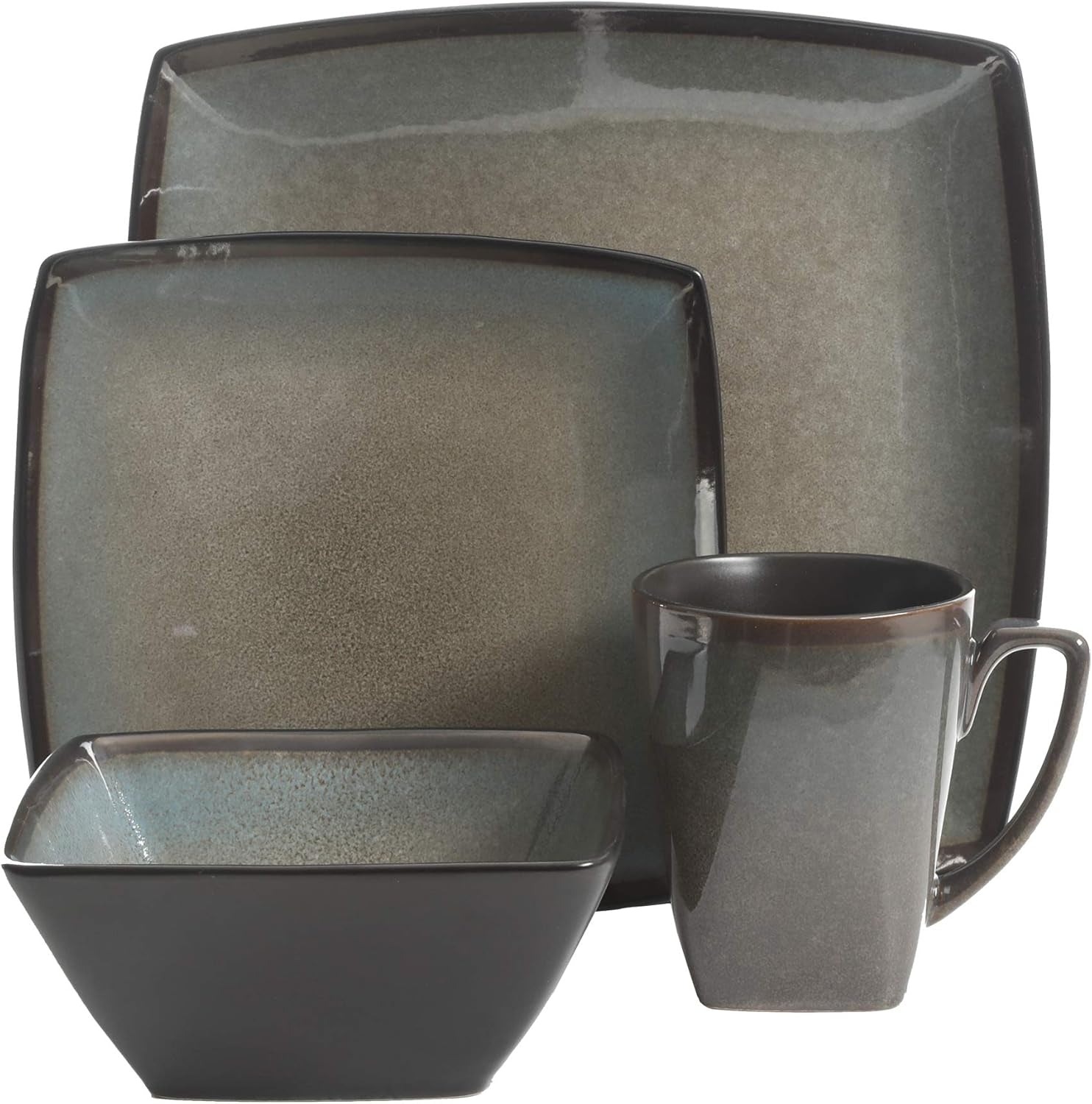 Tequesta Service de table carré en grès émaillé réactif pour 4 personnes (16 pièces) Taupe