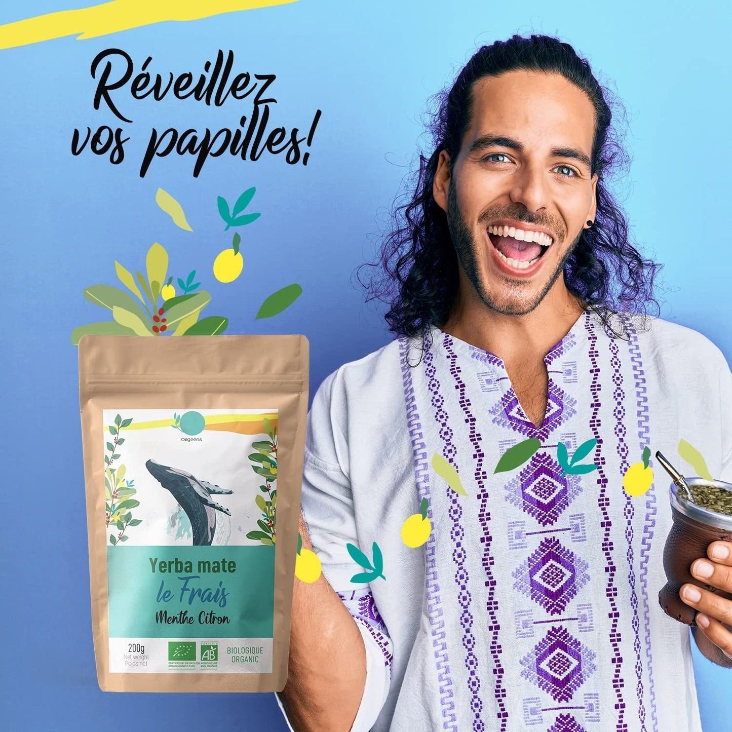 ORIGEENS BIO YERBA MATE À LA MENTHE ET CITRON 200 G - Fraîcheur I Yerba Mate Bio non torréfiée, feuilles, sans tiges ni poussière