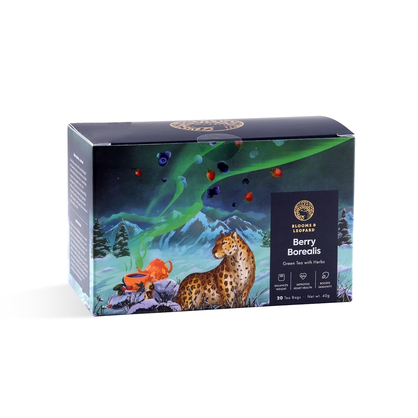Sachets de thé vert Blooms & Leopard Premium – Mélange de baies boréales avec hibiscus, myrtille, fraise et menthe verte – 20 sachets de thé pyramidaux pour thé chaud ou froid