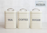 KitchenCraft Living Nostalgia Lot de 3 pots de conservation pour thé, sucre et café dans une boîte cadeau, acier, crème antique, 11 cm x 11 cm x 17 cm, boîtes de conservation alimentaires bleues vintage Naty Shop