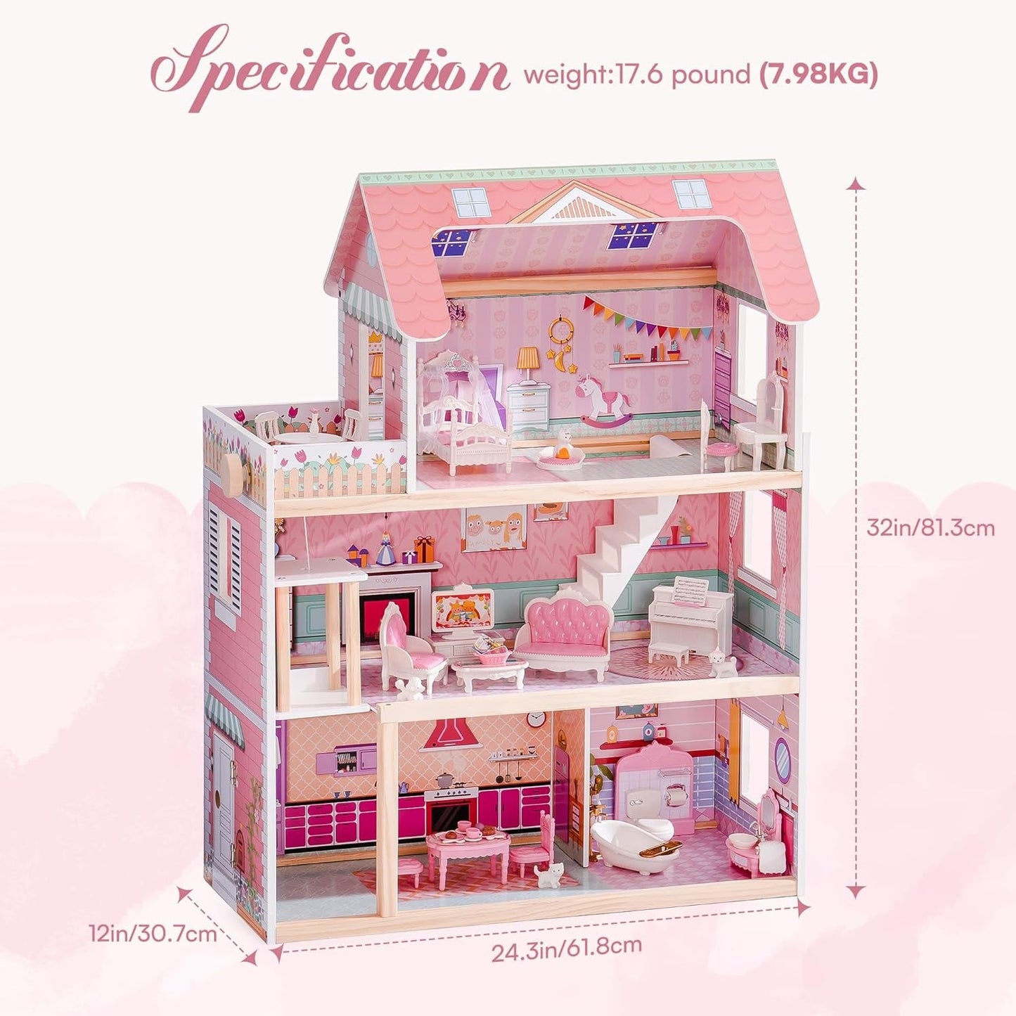 ROBUD Maison de poupée en bois pour enfants, jouet cadeau pour filles et garçons de 3, 4, 5, 6 ans