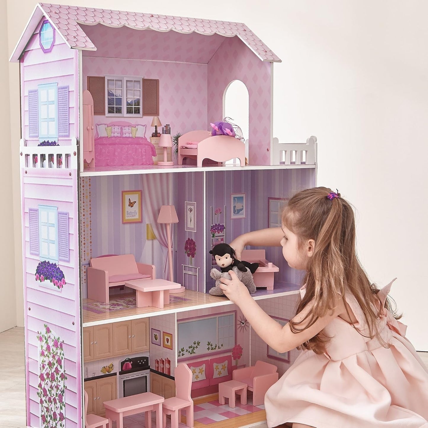 Maison de poupée géante Olivia's Small World, grande maison de poupée en bois avec meubles et accessoires, maison de poupée à 3 étages pour enfants, maison de poupée pour poupées de 12", 3 ans + Naty Shop Dollhouses