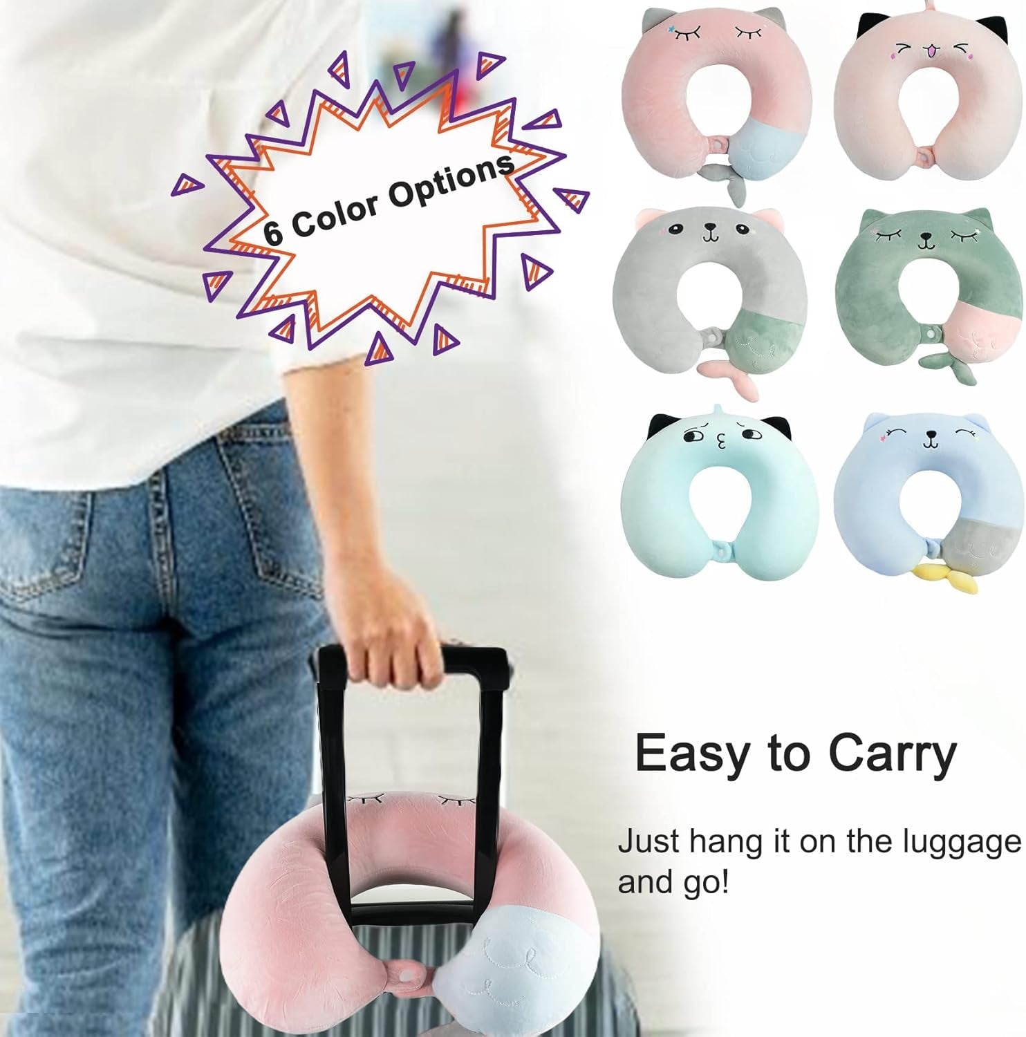 Oreiller cervical pour enfants, pour avion, voiture, train, voyage, adulte, mousse à mémoire de forme, motif animal mignon, oreiller en forme de U, housse amovible (rose 2) Oreillers cervicaux orthopédiques Naty Shop
