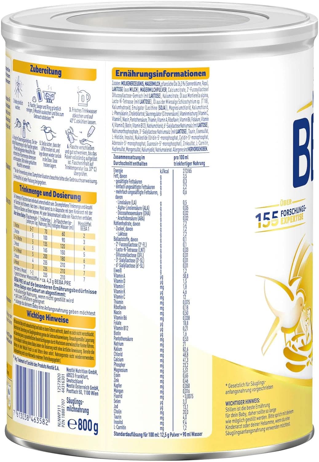 BEBA PRE Initial Lait dès la naissance, Aliment pour bébé avec DHA, Lactose uniquement, Sans huile de palme, Pack 3 (3 x 800g) Naty Shop