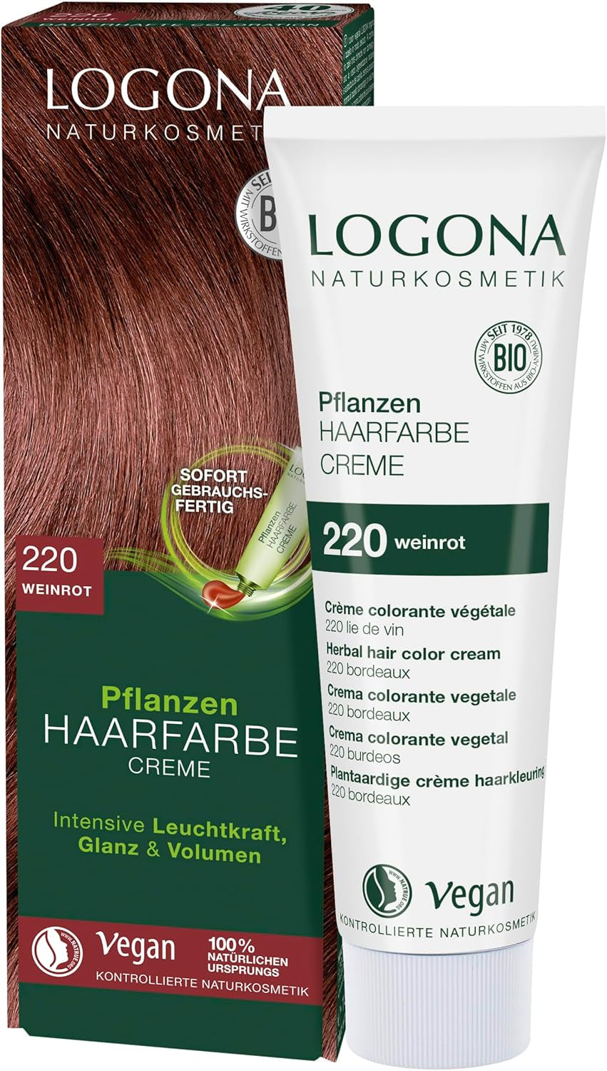LOGONA Natural Cosmetics Crème Colorante Végétale 240 Brun Nougat, Crème Colorante Cheveux Brun Henné Naturel, Crème Colorante Tons Bruns, Coloration Cheveux Foncés, 150ml Naty Shop Teinture Cheveux 220 Vin Rouge [Titien]