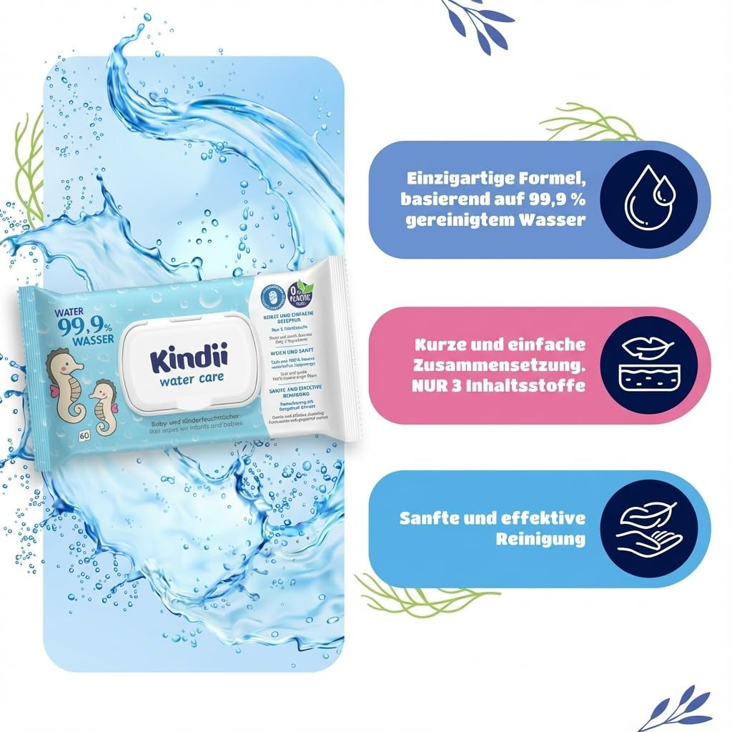 Lingettes humides Kindii Water Care - Lingettes Aqua Baby - 100 % viscose, 99,9 % eau, extrait de pamplemousse, taille écharpe 150 x 200, 100 % biodégradables, sans plastique, lingettes nettoyantes pour peaux sensibles