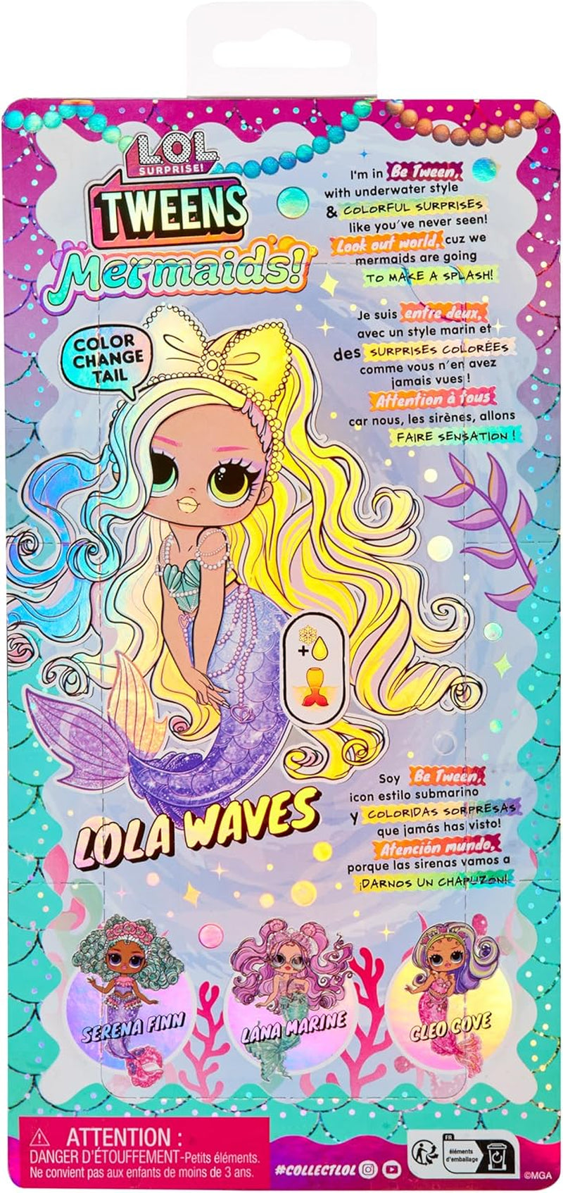 Mdr Surprise ! Tweens - Lola Waves Mermaid - Poupée mannequin avec queue changeante de couleur, nageoire mobile et jolis accessoires - Jouet pour enfants et collectionneurs à partir de 4 ans