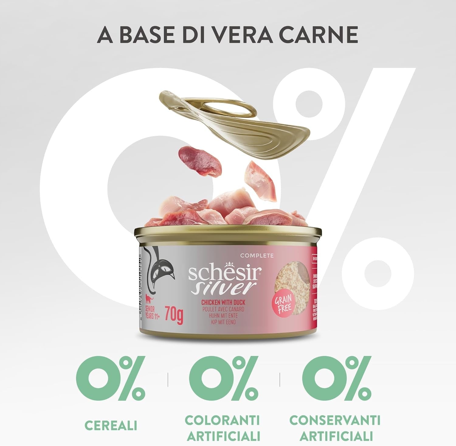 Silver Poulet avec Mousse et Filets de Canard, Aliment humide complet pour chats seniors, Sans céréales, Soutien immunitaire, Source d'humidité, 12 x 70 g