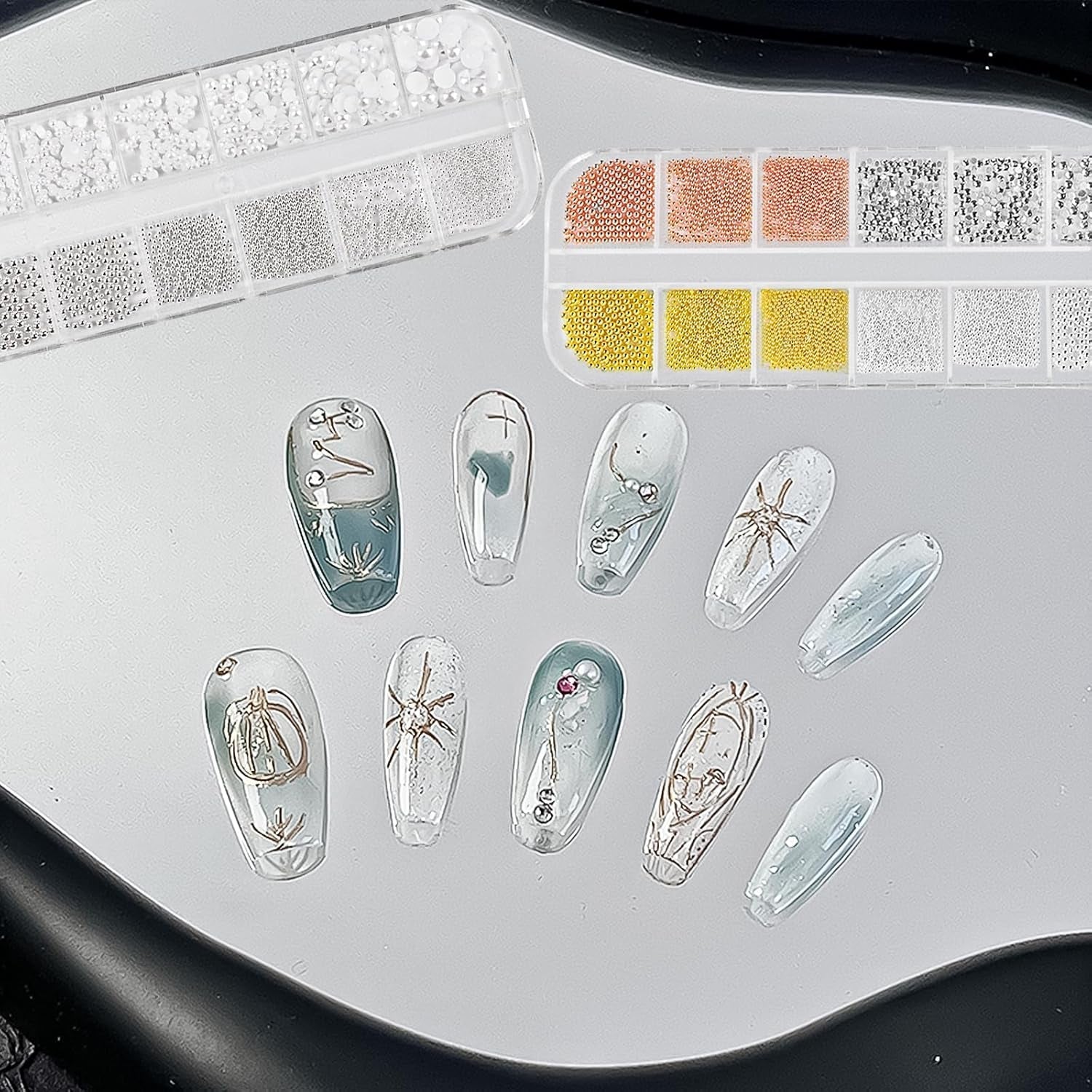 2 boîtes de strass pour Nail Art, avec pinces à épiler, perles à dos plat, breloques pour ongles, avec strass, perles en acier inoxydable pour décoration de ongles