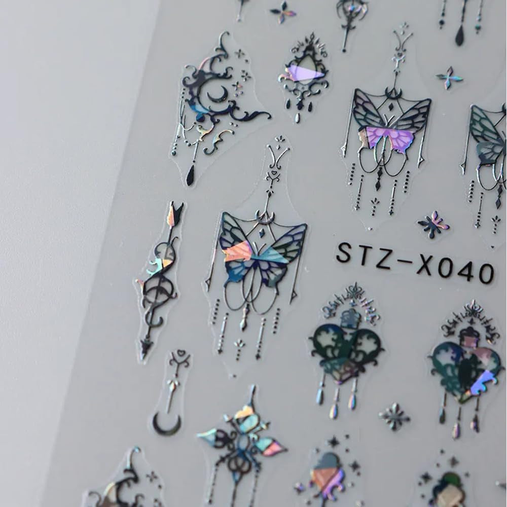 Autocollants d'ongles 3D métallisés Schwarz Schmetterling - Autocollants d'ongles Aurora rose laser - Autocollants d'art d'ongles papillon punk - Autocollants d'ongles argentés - Nageldesign Zubehör