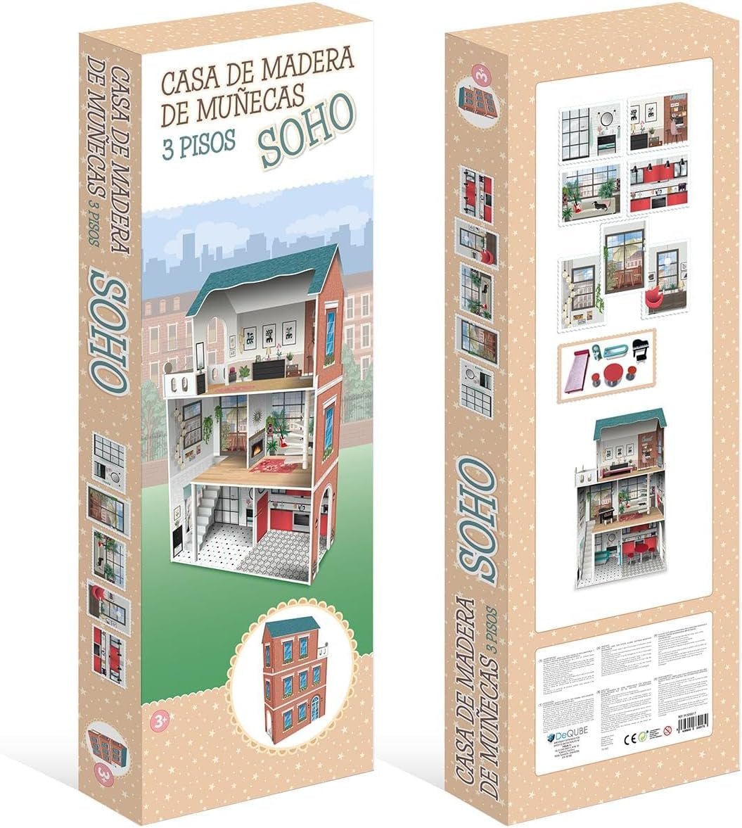 Maison de poupée design Soho-Madera à 3 étages avec 8 meubles, dimensions 120 X 33 X 75 cm (913D00181) Naty Shop