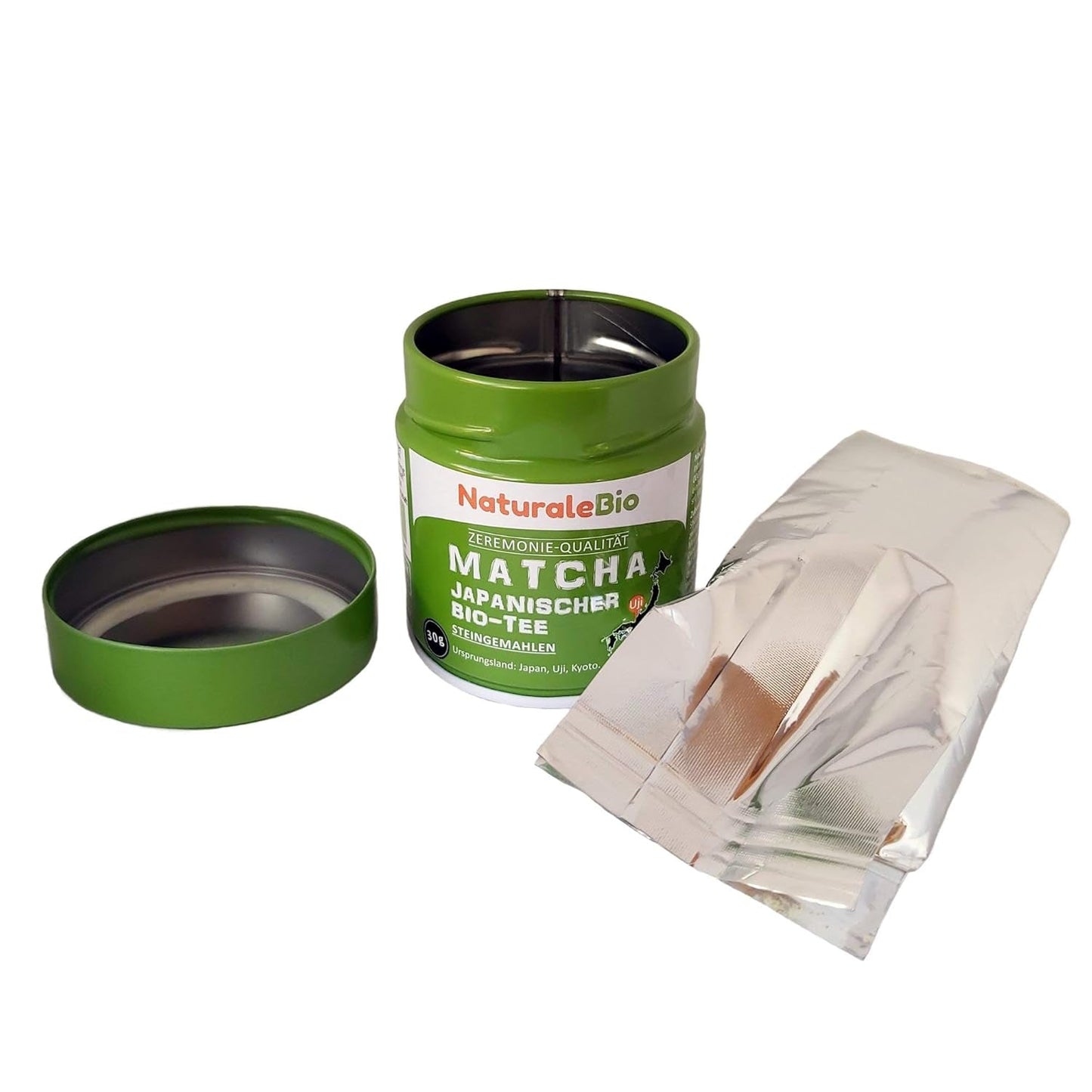 Poudre de thé Matcha de qualité cérémonielle Naturalebio Thé vert original du Japon. Poudre de thé vert Matcha de qualité cérémonielle fabriquée à Uji, Kyoto. Idéal pour boire, cuisiner et prendre des lattés. Boîte de 30 g.