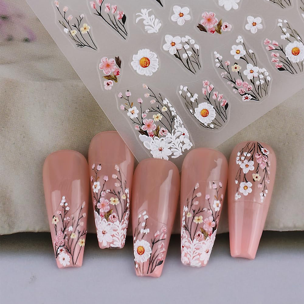 Autocollants pour ongles fleur de prunier, autocollants pour ongles fleur rose blanche, autocollants pour ongles fleur en relief, autocollants pour ongles fleur printemps été, dessins d'ongles, accessoires pour ongles, art des ongles