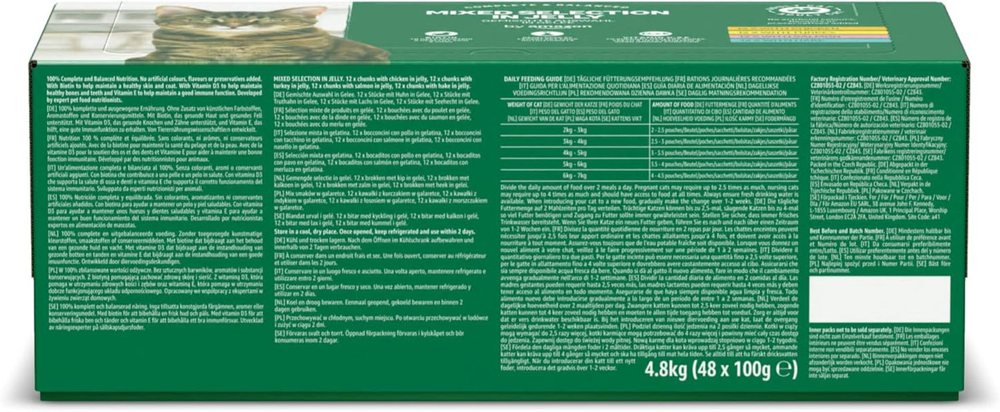 Amazon Nourriture humide sans céréales pour chats adultes Sélection mixte en gelée 4,8 kg (48 paquets de 100 g chacun)